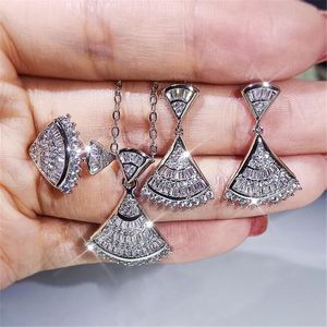 2021 Top Verkoop Luxe Sieraden Set 925 Sterling Zilver Volledige Prinses Geslepen Witte Topaas CZ Diamant Rok Sleutelbeen Ketting Dangle Earring Vrouwen Bruiloft Open Ring Gift