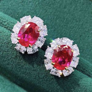 2021 Trend Oorbellen voor Dames Vintage 925 Sterling Zilver 7 * 9mm Ruby Gemstone Lab Diamond Stud Earring Bruiloft Fijne Sieraden Gift