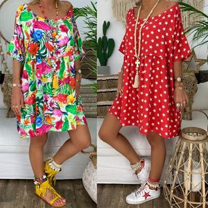 2021 Trend Dames Plus Size O Hals Retro Boho Korte Mouw Zomer Strand Casual Tops Shirt Mini Dress S M L XL 2XL 3XL 4XL 5XL X0521