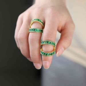 Bague tendance à deux bandes pour femmes, anneau rempli d'or CZ, rond, bleu, vert, aaa, pierre cz, bijoux, cadeau de mariage, 2021