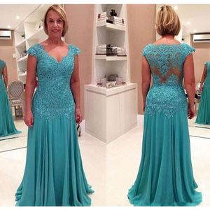 2021 Turquoise kanten moeder van de bruid jurken chiffon mermaid moeders v-neck cap mouw applique formele avondjurken hete verkoop