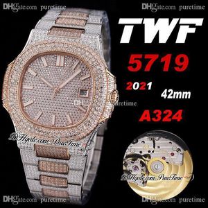2021 TWF 5719 CAL A324 Automatische Herenhorloge Two Tone Rose Gold Place Pink Diamonds Dial Stick Iced Out Diamond Armband Super Edition Sieraden Horloges Puretime D04