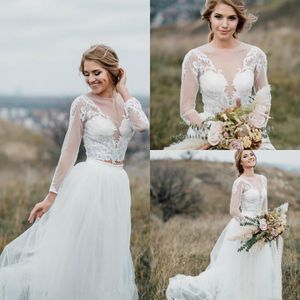 2021 Deux pièces robes de mariée de pays dentelle appliques manches longues tulle pure bijou cou boutons couverts dos robe de mariée robe de novia