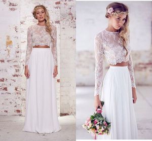 2021 Twee Stukken Crop Top Bohemian Trouwjurken Chiffon Ruches Vloerlengte Bruidsjurken Lente Kant Lange Mouw Weddi2440