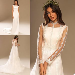 2021 Blanc Sirène Robe De Mariée Deux Pièces Dentelle Illusion Robes De Mariée Appliqued Sans Manches Cour Train Arabe Robes De Mariage Robe De Mariee