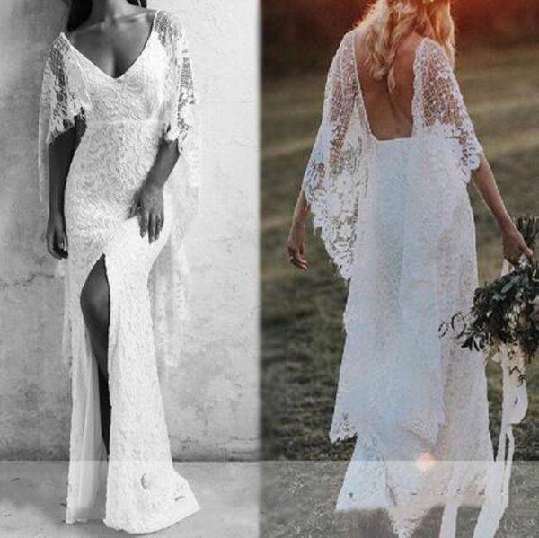 2021 Unique Ivory Country Lace Wedding Dresses Sexy Backless Bat manga Deep V Neck Vestidos de novia Boho Beach Wedding Dress Vestidos de Novia