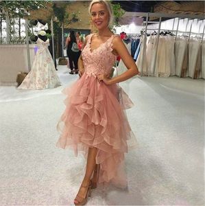 2021 col en V genou longueur dentelle robes De Cocktail haut bas Vestidos De Gala Appliques Tulle robes De bal robe De cocktail