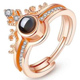 2021 Valentijnsdag Sieraden Dames Sterling Sier 925 Verstelbare Kroon Bruiloft I Love You 100 Taal Projectie Ring