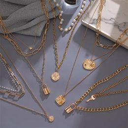 2021 Vienkim Vintage Muti chaîne en couches collier pour femmes couleur or perle pièce déclaration large pendentif colliers collier bijoux N266q