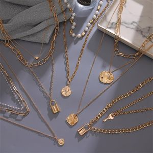 2021 Vienkim Vintage Muti chaîne en couches collier pour femmes couleur or perle pièce déclaration large pendentif colliers collier bijoux N253b