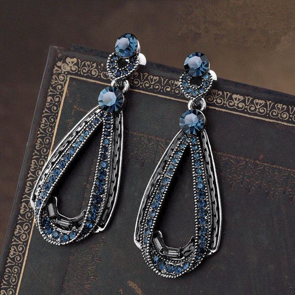 Boucles d'oreilles Vintage couleur argent Antique pour femmes, avec pierre bleue, goutte d'eau, accessoires de fête rétro de Style ethnique, 2021