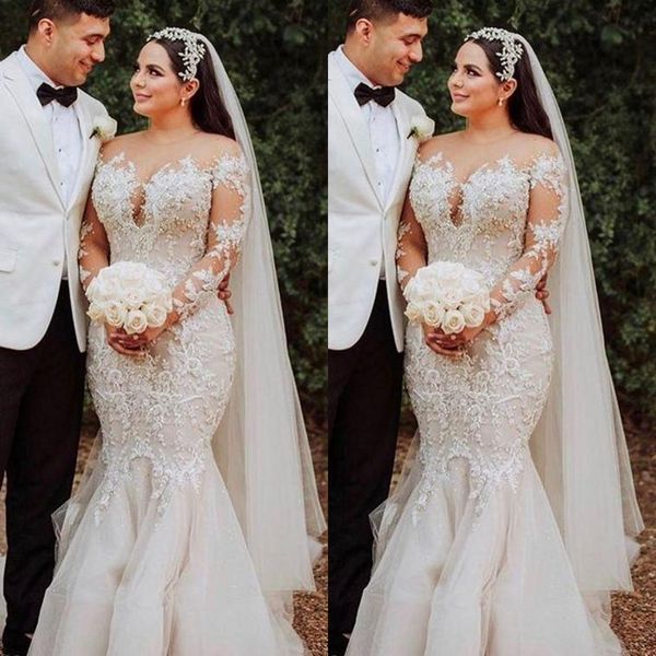 2021 Vintage árabe Aso Ebi Sirena Vestidos de novia Joya Cuello Ilusión Apliques de encaje Cuentas de cristal Mangas largas Tallas grandes Vestidos de novia Robe De Mariee Tulle