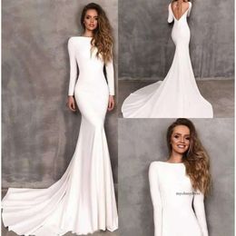 2021 Vintage Berta Sheath -jurken Stretch Satin Long Sleeve Backless Bridal Trows Vestidos de novia trouwjurk op maat gemaakt 0509