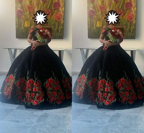 2021 robes de Quinceanera mexicaines Vintage noir Charro fleur imprimé appliques florales hors épaule robes de bal Puffy Sweet 15 16 filles fête