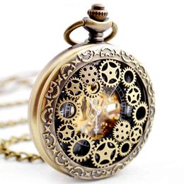 2021 Vintage Bronze Steampunk Mens Mechanical Pocket Watch Hollow Gear Fob Horloges met Ketting Heren Sieraden Gift