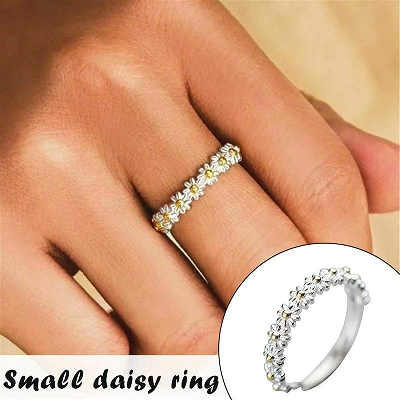 2021 Söt vintage daisy ringar för kvinnor söt blomma ring justerbar öppen manschett Bröllopsförlovning ringar kvinnliga smycken bague gåva