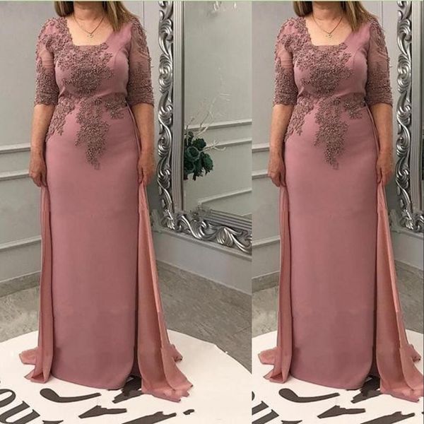 2021 Vintage rose poussiéreux mère de la mariée robes col carré demi manches dentelle appliques longueur de plancher mariage invité mères robe formelle robes de soirée grande taille