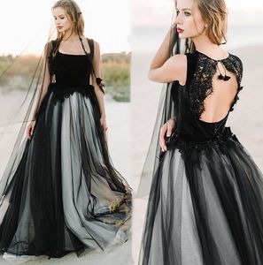 2021 Vintage Gothic Robes Black Stracles Tulle Hollow Back Sweep Train Custom Made Beach Kiding Vestido de Novia 403 403