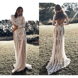 2021 Vintage en dentelle Boho Beach Robes à manches longues Applique sans arrière style country robe de mariée bohème