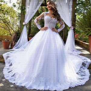 2021 Vintage Kant Prinses Trouwjurken Baljurk Illusion Lijfje Elegante Lange Mouwen Bruidsjurken vestido de noiva303O