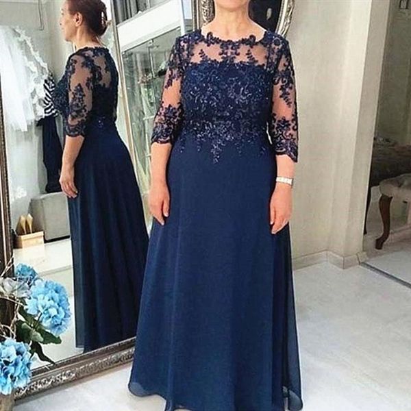 2021 Vintage azul marino Vestidos para madre de la novia Joya Cuello Ilusión 3/4 Mangas largas Apliques de encaje Cuentas Gasa Hasta el suelo Fiesta Noche Boda Vestidos de invitados