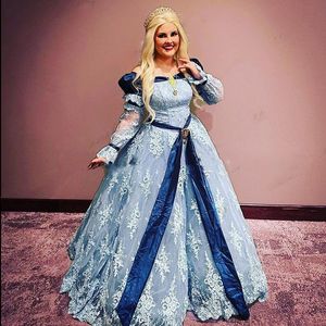 2021 Vintage Off Shoulder Prom Dresses Lange Mouw Blauw Cinderella Cosplay Insparende Kant Avond Feestjurken Kostuum Quinceanera Jurk Sweet 16 15 jaar