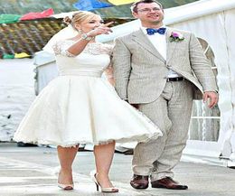 2021 Vintage Korte trouwjurken Lace schep halslijn Bow Sash Aline 34 Thee Lengte Lengte Bridal Ghowns op maat gemaakte 22282801