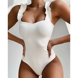 2021 Vintage Swimsuit Women One Piece Ruffle Strap Swimwear Female Push Up Monokini Padded Beach Bathing Suits Black Bodysuits