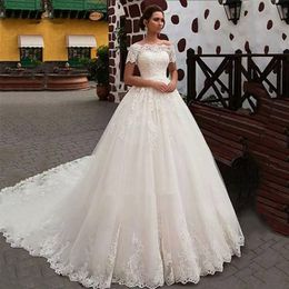 2021 robes de mariée en dentelle blanche vintage robe de bal hors de l'épaule col bateau manches courtes robes de mariée robe de novia mariage 279S