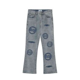2021 vouge patch borduurgat gescheurd wassen wasflare jeans broek noodlijdende retro rechte baggy denim broek pantni uomo t220803
