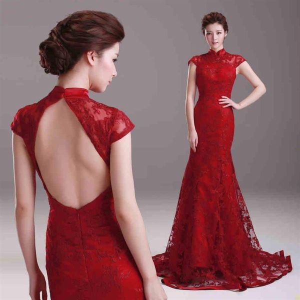 2021 robes de mariée chinois rouge sirène cheongsam robe col haut mancherons classique vintage dentelle dos nu balayage train nuptiale G219y