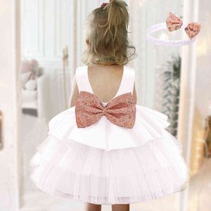 2021 blanc doré arc baptême 2 1 an robe d'anniversaire pour bébé fille vêtements princesse robes robe de soirée dos nu bandeau 2PC G1129