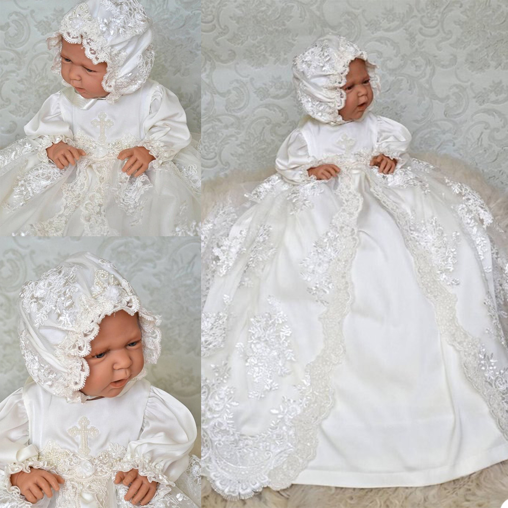 2021 White Lace First Communion Dresses Jewel Neck Appliques Baptism Dresses With Bonnet For Baby Kids Wear