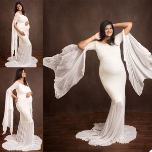 2021 Sirena blanca Tallas grandes Señoras embarazadas Ropa de dormir de maternidad Vestido Camisones de encaje para sesión de fotos Lencería Albornoz Ropa de dormir Baby Shower