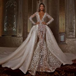 2021 Robes de mariée sirène blanche avec train détachable volants dentelle appliquée robes de mariée grande taille robes de novia 0331