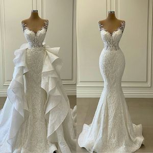 2021 Robes de mariée de sirène blanche avec train détachable volant en dentelle appliquée robes nuptiales plus vestidos de taille de novia 250h