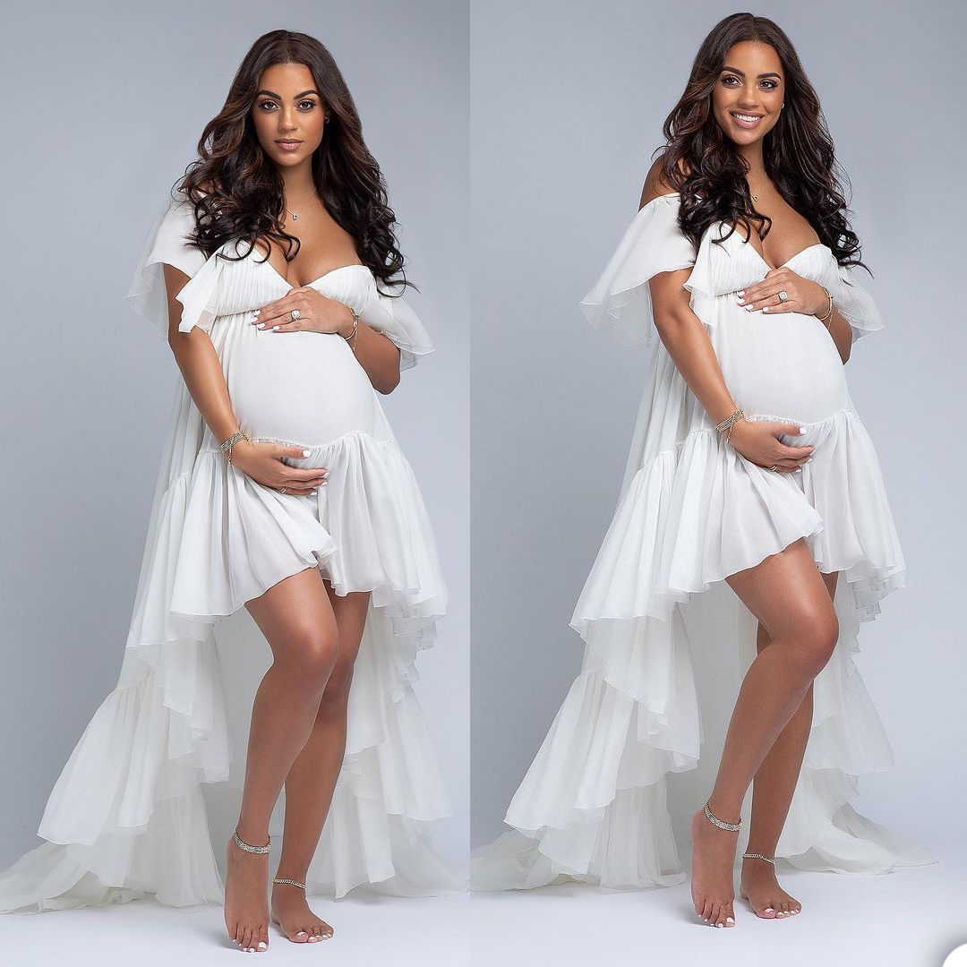 2021 Beyaz Fırfır Artı Boyutu Hamile Bayanlar Annelik Pijama Elbise Ho-Lo Nightgowns Photoshoot Için Lingerie Bornoz Gecelikler Bebek Duş