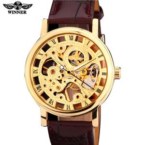 2021 marca ganadora tono dorado plateado esqueleto mano viento mecánico hombres reloj marrón negro cuero artificial banda delgada case331H