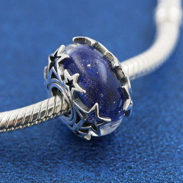 2021 hiver 925 argent Sterling galaxie étoile bleue perle de charme en verre de Murano convient aux bracelets porte-bonheur de bijoux Pandora européens