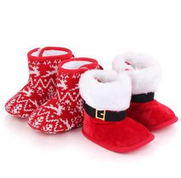 2021 Winter Kerst Santa Claus Laarzen Warme Eerste Walkers Baby Sneeuwlaarzen Zuigeling Haak Gebreide Fleece Schoenen voor Jongens Meisjes Gift G1023