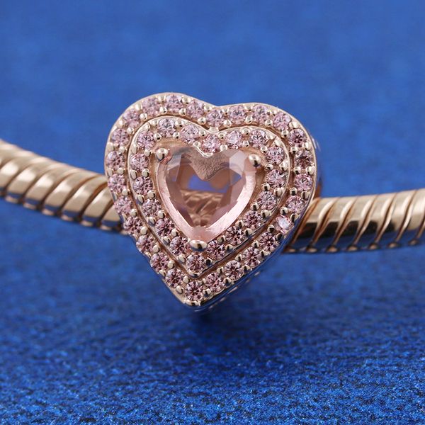 Rose Gold Metal Plated Sparkling Leveled Heart con Pink Crystal Charm Beads Se adapta a todas las pulseras de Pandora europeas Collares