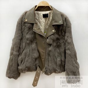 Hiver design de mode femmes en cuir PU col rabattu patché vraie fourrure de lapin chaud épaississement coton rembourré veste parka manteau