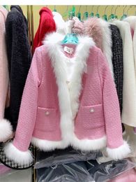 Hiver mode design femmes doux couleur rose tweed laine tissu fourrure patché plus velours doublure chaud épaississement jaket manteau casacos ML