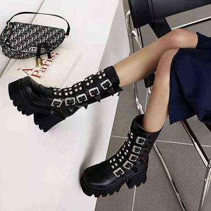 2021 Winter Gothic Punk Womens Platform Laarzen Zwarte Gesp Rits Creeper Wedges Schoenen Mid Calf MilitaryCombat ChunkyBoots H1102