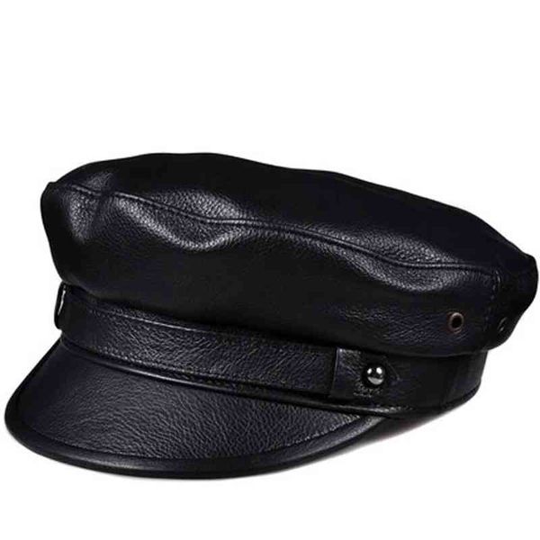 2021 invierno hombres/mujeres cuero genuino sombreros azul marino Unisex ropa de calle europea/americana gorras negras ajustadas con cinturón al aire libre Gorro