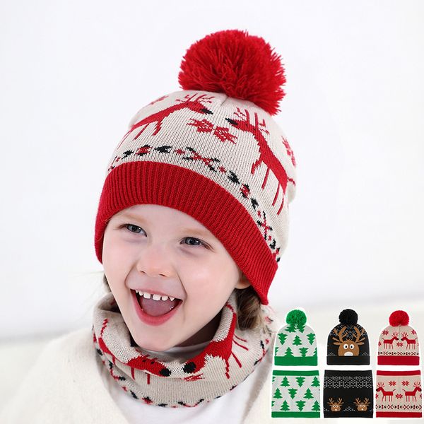 2021 invierno nuevo estilo navideño Pom sombrero y pañuelo para el cuello 2 piezas conjunto Elk XMAS Trees Deer Jacquard niños gorros con pompón