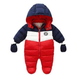 2021 Winter Nieuwe Pasgeboren Duck Down Rompertjes Snowsuit Baby Bodysuit Dikke Bovenkleding Jumpduit Fleece Liner Babys Snow Wear Hooded Jumpsuits Kinderkleding