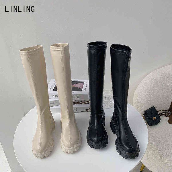 2021 Zapatos de invierno Plataforma Mujeres Rodilla Botas altas Fondo grueso 4.5 cm Moda Resbalón en damas botines largos Mujer negra Barcos delgados Y1125