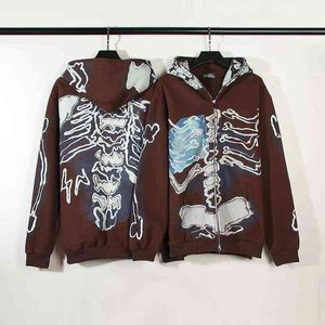 2021 hiver squelette imprimé polaire marron zippé à capuche hommes Hip Hop pull coton Punk fermeture éclair sweat à capuche Sudaderas Hombre G220607