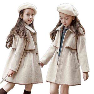 2021 Winter tiener Girls Lange jassen Toddler Kinderen Outerwear kleding Casual kinderen Warm wollen Trenchcoat Teen Outfits 13 14 J220718